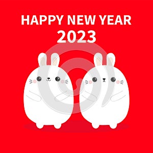 Happy Chinese New Year 2023. The year of the rabbit. Two bunny friends set. Farm animal. Cute cartoon kawaii funny baby character