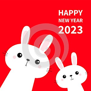 Happy Chinese New Year 2023. The year of the rabbit. Two bunny set in the corner. Friends forever. Cute cartoon kawaii funny baby