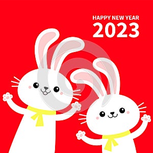 Happy Chinese New Year 2023. The year of the rabbit. Two bunny set waving paw print hand. Cute cartoon kawaii funny baby character