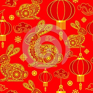 Happy Chinese New Year 2023 Year of the Rabbit Vector Seamless Repeat Pattern Design Textile Motive illustration