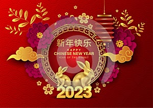 Happy Chinese new year 2023 year of the rabbit zodiac sign with flower 3d letter. abstract vector illustration design