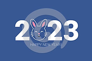 Happy Chinese New Year 2023 Zodiac Rabbit sign, year of the Rabbit. Cute bunny. Christmas time. Blue banner. Winter