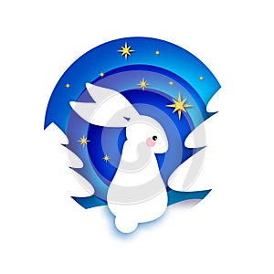 Happy Chinese New Year 2023 Zodiac Rabbit sign, year of the Rabbit paper cut art craft style. Cute bunny. Christmas tree