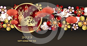 Happy Chinese New Year 2023. Zodiac sign, Rabbit in a round frame