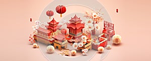 happy chinese new year 2024 3d isometric illustration the dragon zodiac sign with flower, blossom, lantern, cloud, asian elements