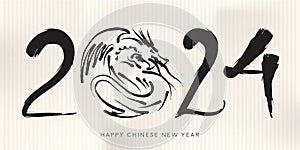 Happy Chinese new year 2024 with dragon on the number, Ink Painting, vector illustration