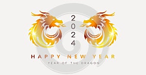 Happy Chinese new year 2024 of the dragon - two golden dragons minimalist style on white background and text happy new year 2024