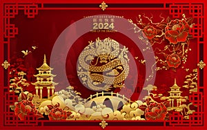 Happy chinese new year 2024 the dragon zodiac sign with flower,lantern,asian elements gold paper cut style on color background.