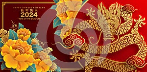 Happy chinese new year 2024 the dragon zodiac sign with flower,lantern,asian elements gold paper cut style on color background.