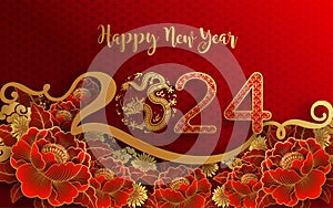 Happy chinese new year 2024 the dragon zodiac sign with flower,lantern,asian elements gold paper cut style on color background.