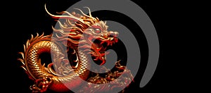 Happy Chinese new year 2024. Traditional Golden Chinese dragon zodiac sign on black color background. Generative ai