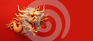 Happy Chinese new year 2024. Traditional Golden Chinese dragon zodiac sign on red color background. Generative ai image