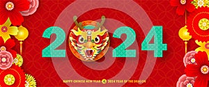 Happy chinese new year 2024 year of the dragon zodiac sign with flower,lantern, fan elements gong xi fa cai, greeting card paper