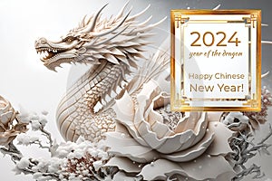 Happy Chinese New Year 2024, year of Wooden Dragon, Ai generative wooden dragon statue with white flowers