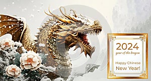 Happy Chinese New Year 2024, year of Wooden Dragon, Ai generative wooden dragon statue with white flowers