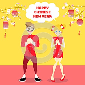 Happy chinese new year, asian culture festival concept with man and woman in red cheongsam and lantern