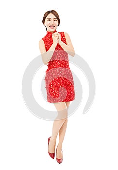 Happy chinese new year. asian woman with congratulation gesture