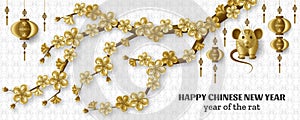 Happy Chinese New Year background with sakura branches creative golden rat and hanging lanterns. Gold colored template