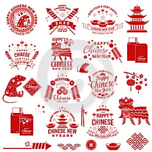 Happy Chinese New Year badge with design element. Chinese New Year felicitation classic postcard. Chinese sign year of