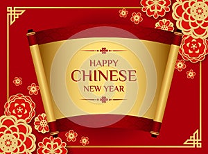 Happy chinese new year banner with traditional scroll of chinese on flower bloosom and red blackground vector design