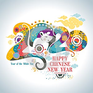 Happy Chinese New Year 2020. Beautiful illustration of the white Rat on a bright floral patterns and clouds background