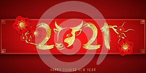 Happy Chinese New Year of the Bull 2021. Golden glittering zodiac sign with numbers in grunge style and blooming flowers on a red