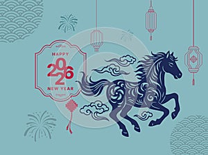 Happy Chinese new year card with paper-cut running horse, greetings and Chinese elements