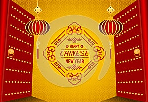 Happy chinese new year card - Chinese door , lantern and frame text vector design