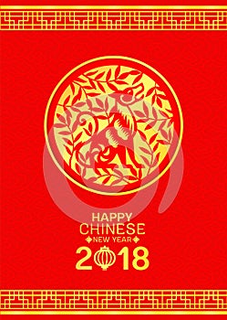 Happy chinese new year card with dog zodiac sign in circle on red chinese background and gold frame vector design
