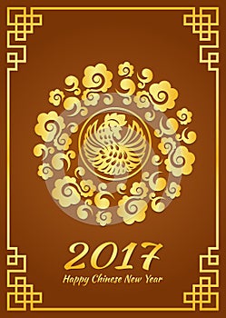 Happy Chinese new year card is Gold cloud circle frame and chicken rooster vector design