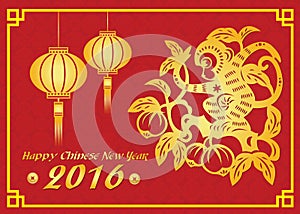 Happy Chinese new year 2016 card is lanterns ,Gold monkey on peach tree