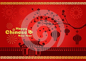 Happy Chinese new year card is lanterns on tree and firework and doors and wall China photo