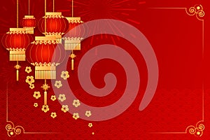 Happy Chinese new year card. Red background with traditional asian lanterns . Chinese mean Happy New Year, wealthy, Zodiac sign