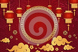 Happy Chinese new year card. Red background with traditional Asian lanterns . For greetings card, flyers, invitation, posters,