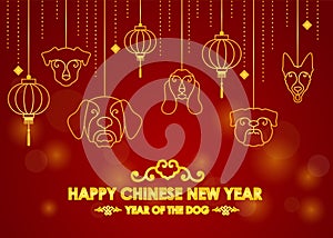Happy Chinese new year card and year of the dog with gold border dog face hang and lantern vector design
