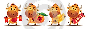 Happy Chinese New Year 2021. Cartoon cute Ox character set holding Red Packet, Tangerine Orange, Gold Ingot and Scroll couplet photo