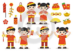 Happy Chinese New Year decoration collection. Cute Chinese kids