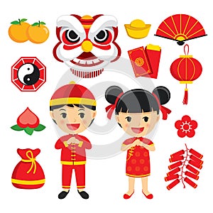 Happy chinese new year decoration traditional symbols set with c