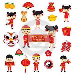 Happy chinese new year decoration traditional symbols set with c