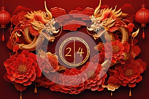 Happy Chinese New Year 2024. Dragon gold zodiac sign on red background for festival card design.