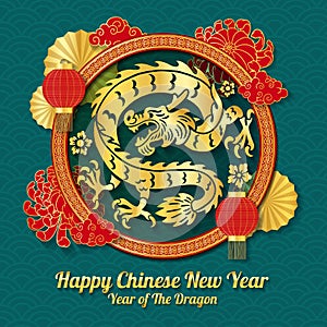 Happy Chinese New Year with Dragon Symbol and Chinese Element