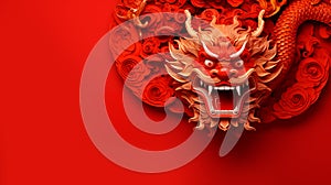 Happy chinese new year 2024 the dragon zodiac sign with asian elements in paper cut style on red color background.