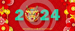 Happy chinese new year 2024 year of the dragon zodiac sign with flower,lantern, fan elements gong xi fa cai, greeting card paper photo