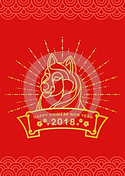 Happy chinese new year with Gold border line dog zodiac and dash line circle light on red background vector design