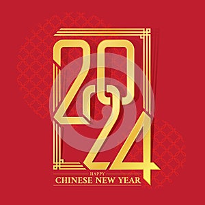 Happy Chinese New Year - Gold text and 2024 number of year letter with modern sharp style in china frame line on red texture