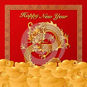 Happy Chinese New Year golden dragon paper cut art and ingot squre spiral frame