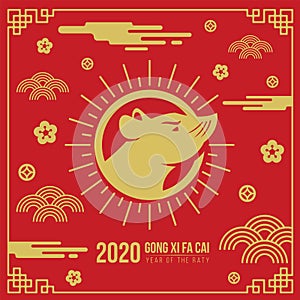 Happy chinese new year greeting card banner with haed rat zodiac in circle sun sign and abstract cloud flower coin sign on red