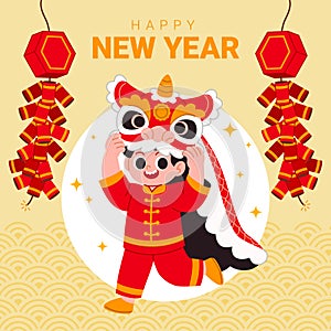 Happy Chinese new year greeting card. Cute cartoon boy with lion dance on firecrackers background.