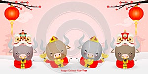 Happy Chinese new year 2021 greeting card. group of Little cow holding Chinese gold, year of the ox zodiac Cartoon isolated vector