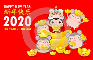 Happy Chinese new year greeting card. group of Little rat holding Chinese gold, Happy new year 2020 year of the rat zodiac